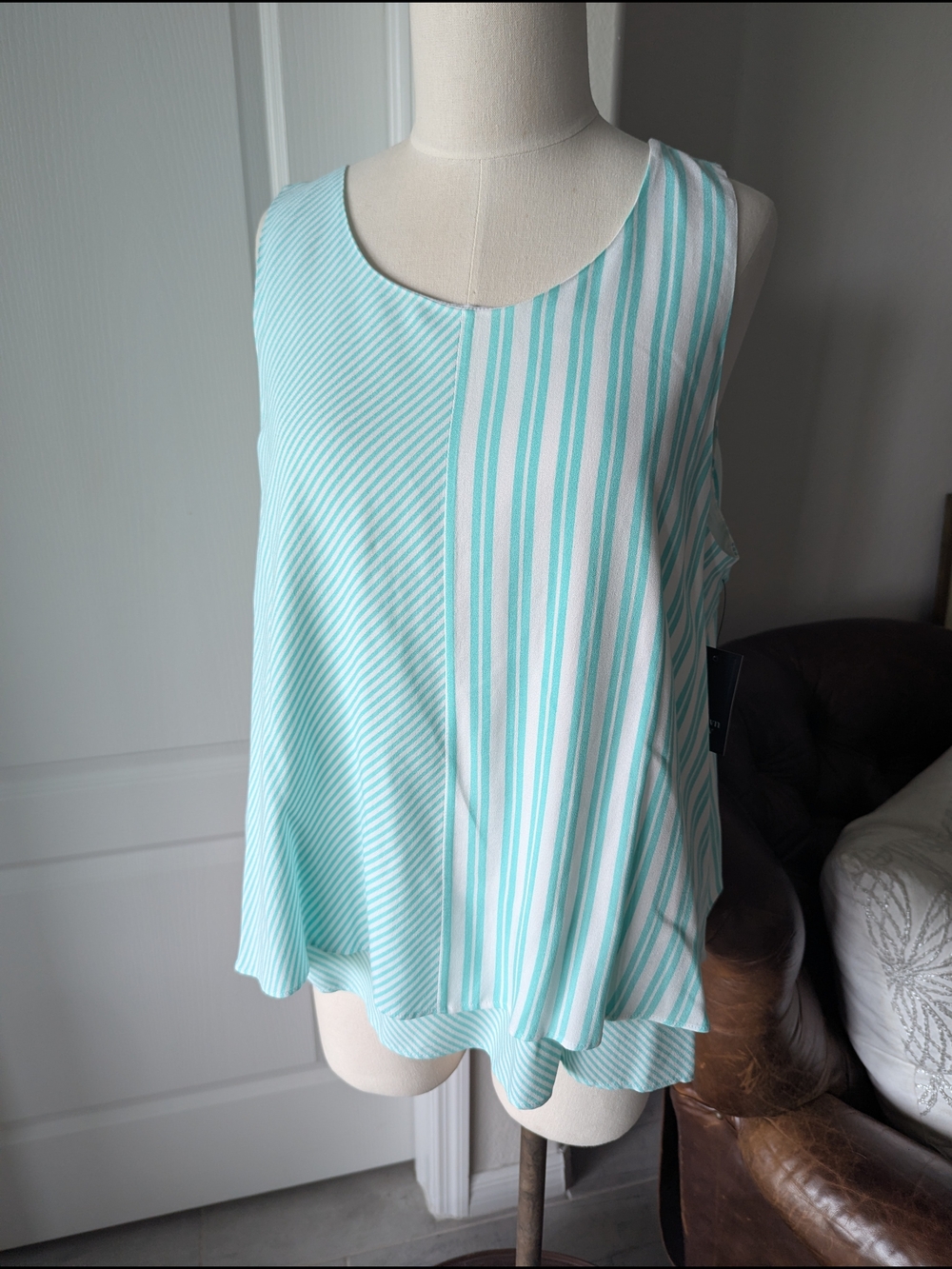 Crown & Ivy Aqua and White Striped Sleeveless Tank